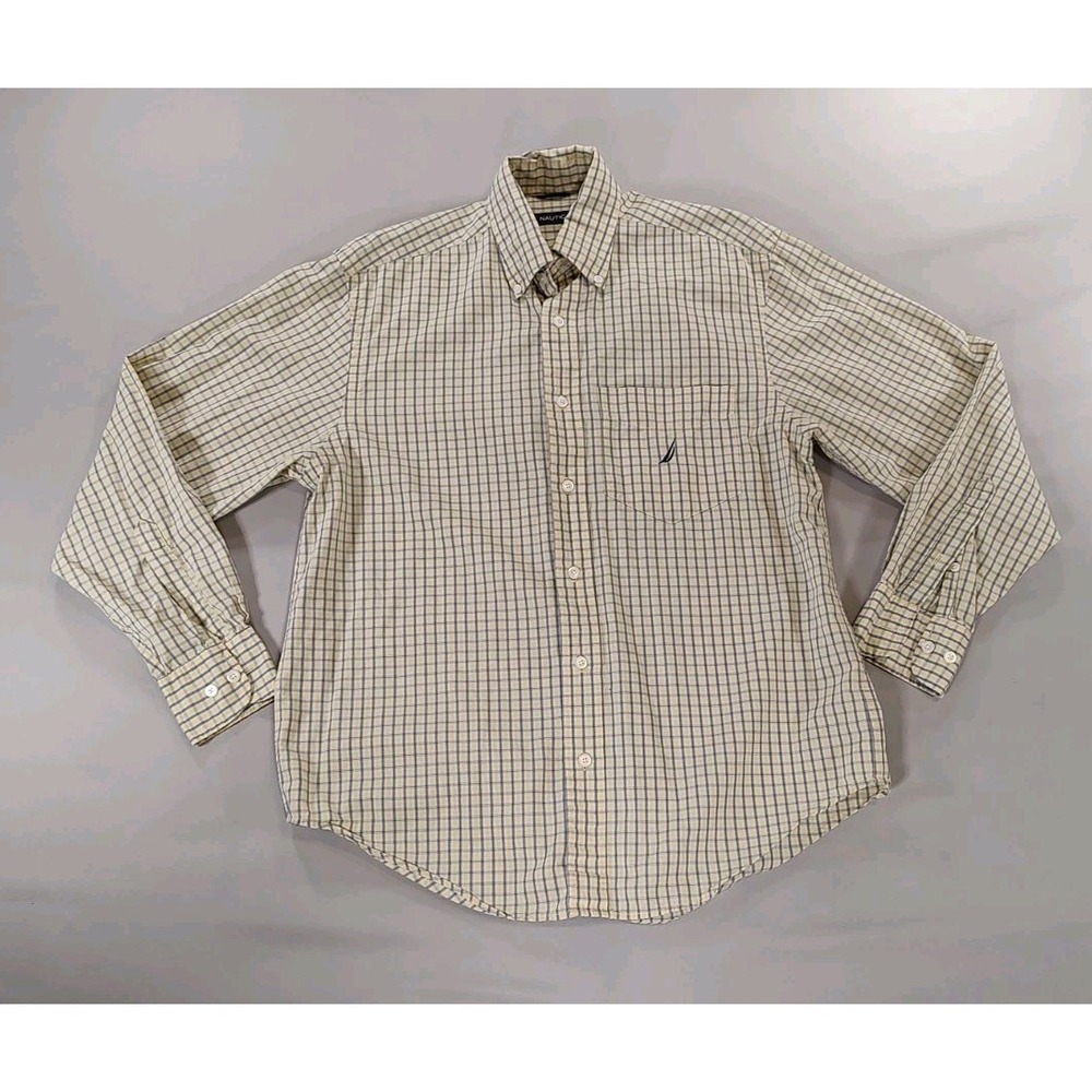 Nautica Shirt Mens Small White Yellow Blue Check Long Sleeve Button Down Casual